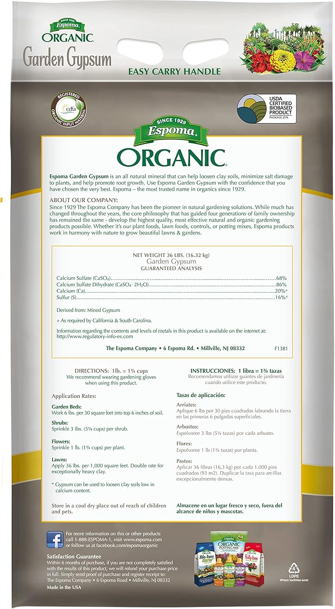 Espoma Organic Garden Gypsum Soil Conditioner; All-Natural & pelletized mined Gypsum with no fillers or additives. Helps Loosen Clay Soil; 36 lb. Bag Pack of one