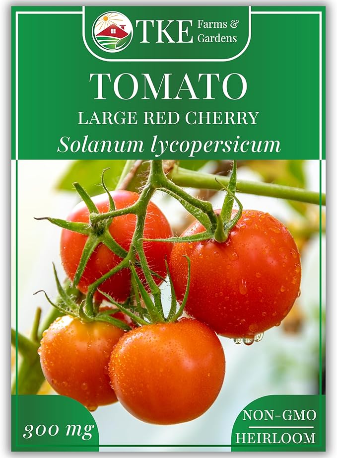TKE Farms & Gardens - Large Red Cherry Tomato Seeds, 100+ Non-GMO Heirloom Tomato Seeds for Planting, Grow Sweet, Juicy Tomatoes at Home, Detailed Instructions Included, Solanum lycopersicum, Qty 1