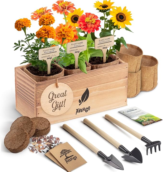 Sunflower, Marigold & Zinnia Flower Seeds Growing Kit – Complete Indoor & Outdoor Kit with Seeds for Planting, Planters, Soil, Tools, Instructions – Ideal for Gift Giving