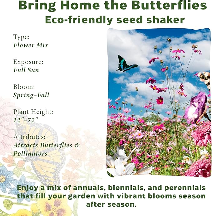 Botanical Interests Butterfly Garden Wildflower Seed Mix Shaker - Covers 1,500 sq ft, 27 Native Flowers & Herbs for Pollinators, Perennial & Annual Seeds for Full Sun, Eco-Friendly Recyclable Tube