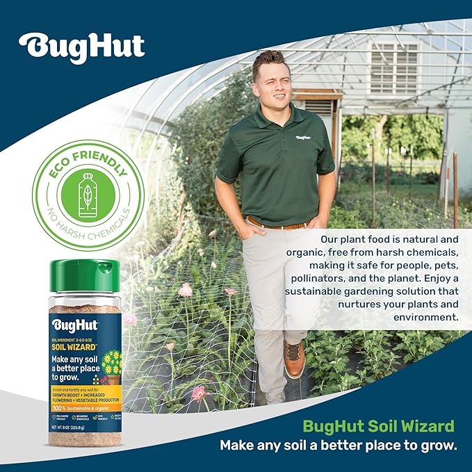 BugHut Soil Wizard Organic Soil Amendment – All Purpose Plant Food for Houseplants, Vegetables, Flowers, and Herbs - Chemical-Free Nutrient Source for Indoor & Outdoor Gardens - 8 oz. Shaker