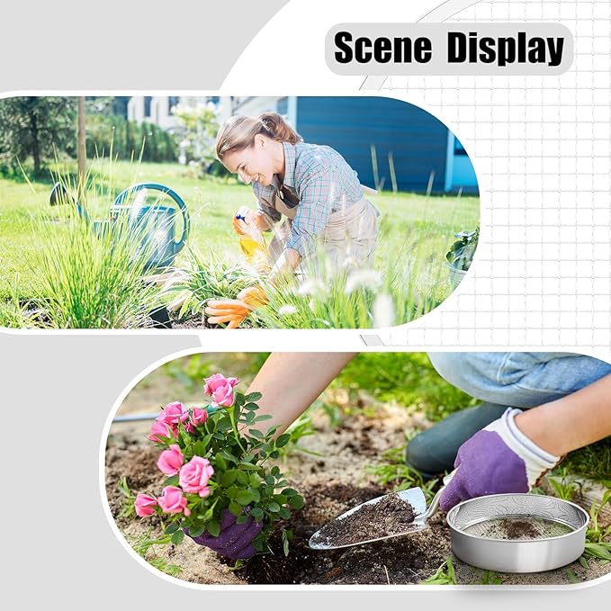Shimeyao 3 Pcs Soil Sifter Set with 9 Pcs Sieve Meshes 1/2/3/5/6/8/9/10/12 mm Interchangeable Sand Screen Stainless Steel Riddle for Gardening, Garden Sieve for Rock, Sand, Soil, Compost