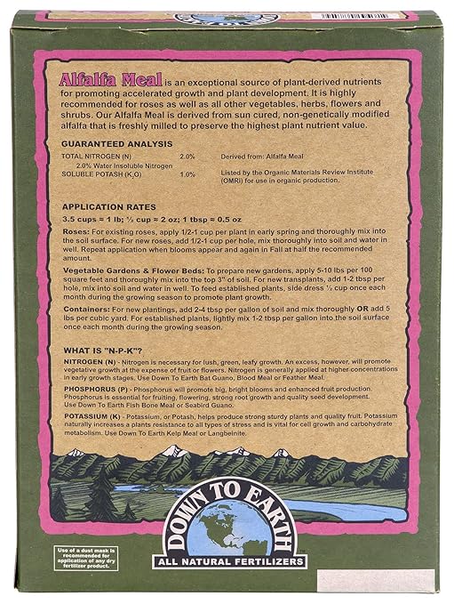 Down To Earth All Natural Fertilizers Organic Alfalfa Meal - Plant Food for Roses, Bulbs, Flowers and Ornamentals 2-0-1, 4 lb (2 Pack)