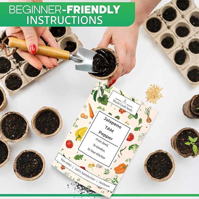 Woods Creek Seeds: Jalapeño TAM Hot Pepper Seeds for Planting - Over 180 Heirloom Non-GMO Jalapeno Seeds for Planting - Beginner Friendly Jalapeno Pepper Seed Pack for Indoor, Outdoor & Home Garden