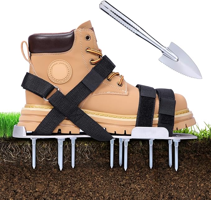 Ohuhu Metal Lawn Aerator Shoes, Upgraded Aluminum Aerating Shoe with 2.2" Durable Spikes, Free-Installation Spiked Sandals with Stainless Steel Shovel for Yard Patio Garden Grass