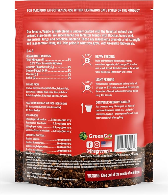 GreenGro Veggie, Herb, & Tomato Fertilizer - Outdoor & Indoor Plant Food for Edible Plants/Organic Fertilizer & Flower Food for Vegetable Garden/Improve Harvest with Vital Plant Nutrients (4 lb)