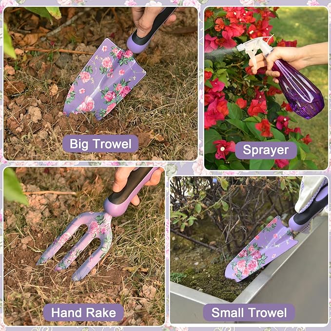 Gardening Tools, WisaKey 10 Piece Heavy Duty Purple Garden Tool Set Durable Garden Supplies Organizer Bag Garden Hand Tools Grandmother Granny Valentine's Gift for Woman