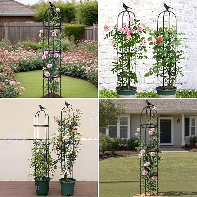 Garden Obelisk Trellis for Climbing Plants Outdoor, 2Pcs 6.2FT Rustproof Metal Plant Flower Trellises,Garden Obelisk Trellis for Indoor Outdoor Flowers Vegetable Fruits Vines Support (Black)