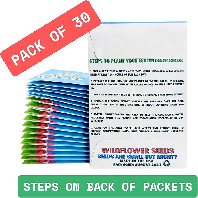 Wildflower Seed Packets Bee Kind Party Favors (Pack of 30) - Bee Friendly & Pollinator Wildflower Seed for Planting Gardening