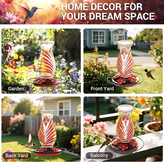 Hummingbird Feeder for Outdoors, 24oz Glass Nectar Feeder with Perch & 5 Flower Feeding Ports, Leakproof Hanging Bird Feeder for Garden Yard Decor, Outside Gifts for Women & Mom, Ruby Red