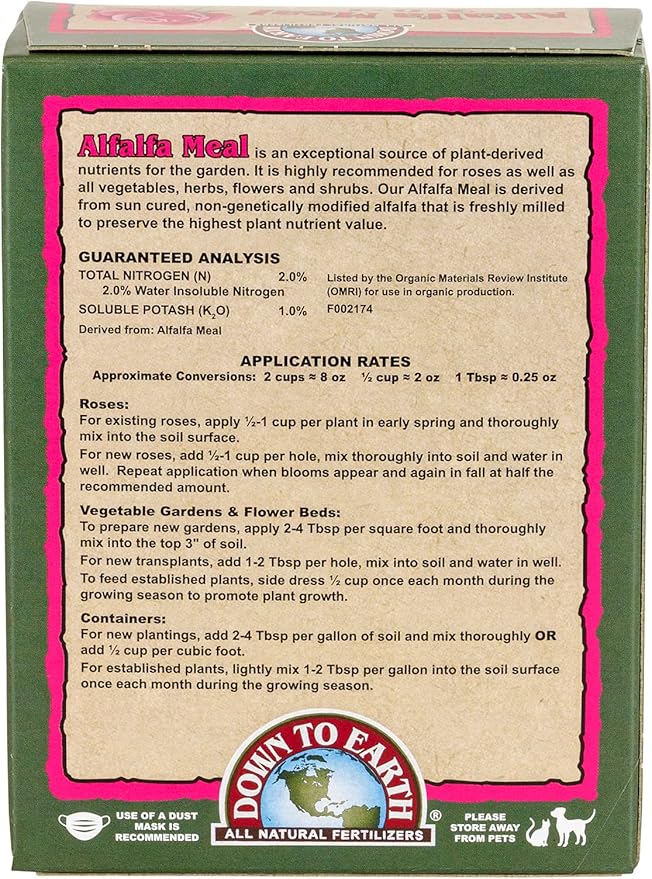 Down To Earth All Natural Fertilizers Organic Alfalfa Meal - Plant Food for Roses, Bulbs, Flowers and Ornamentals 2-0-1, 0.5 lb