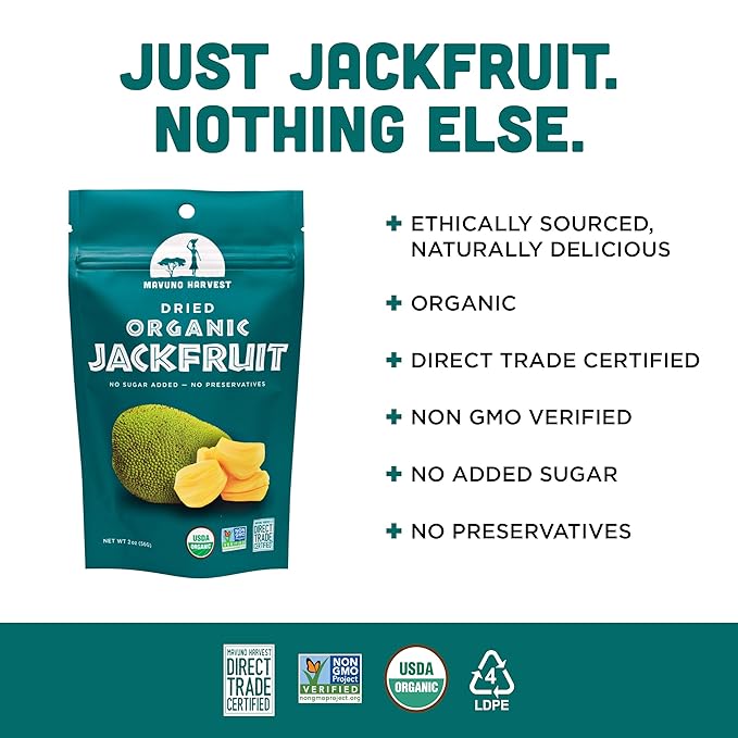 Mavuno Harvest Jackfruit Dried Fruit Snacks | Unsweetened Organic Dried Jackfruit Chips | Gluten Free Healthy Snacks for Kids and Adults | Vegan, Non GMO, Direct Trade | 2 Ounce, Pack of 3