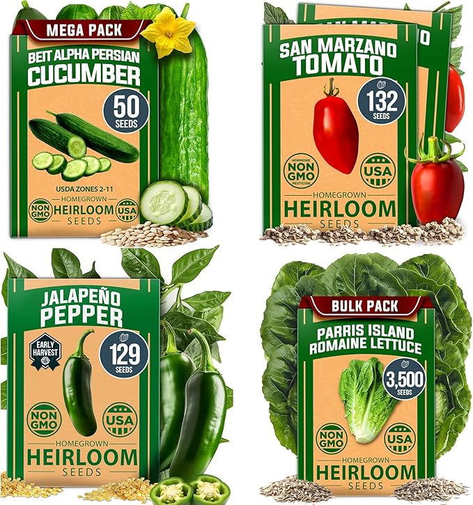 HOME GROWN Vegetable Garden Seeds Kit – 3,682+ Non-GMO USA Seeds – San Marzano Tomato, Parris Island Romaine Lettuce, Persian Cucumber & Pepper – Indoor/Outdoor High Germination Veggie Variety