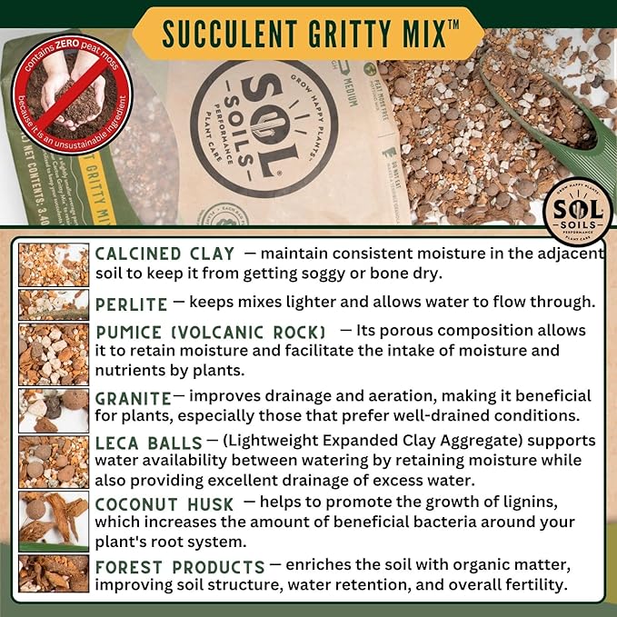 Sol Soils Succulent Gritty Mix - Fast Draining Peat Moss Free Succulent Soil Potting Mix with Coconut Husk Chips, Perlite & Pumice - 1 Quart