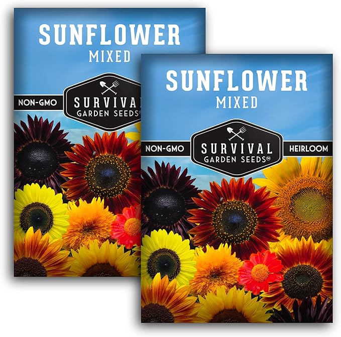 Mixed Sunflower Seeds for Planting | Colorful Blend of Heirloom Varieties for Cut Flowers & Pollinators – Heirloom Non-GMO – Survival Garden Seeds (2 Packs)