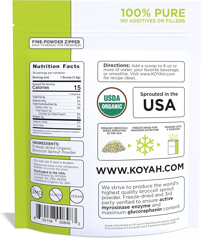 KOYAH - Organic USA Broccoli Sprout Powder (1 Scoop = 1/4 Cup Sprouts): 36 Servings, Freeze-Dried, Tested for Active Myrosinase and Glucoraphanin (Sulforaphane Glucosinolate)
