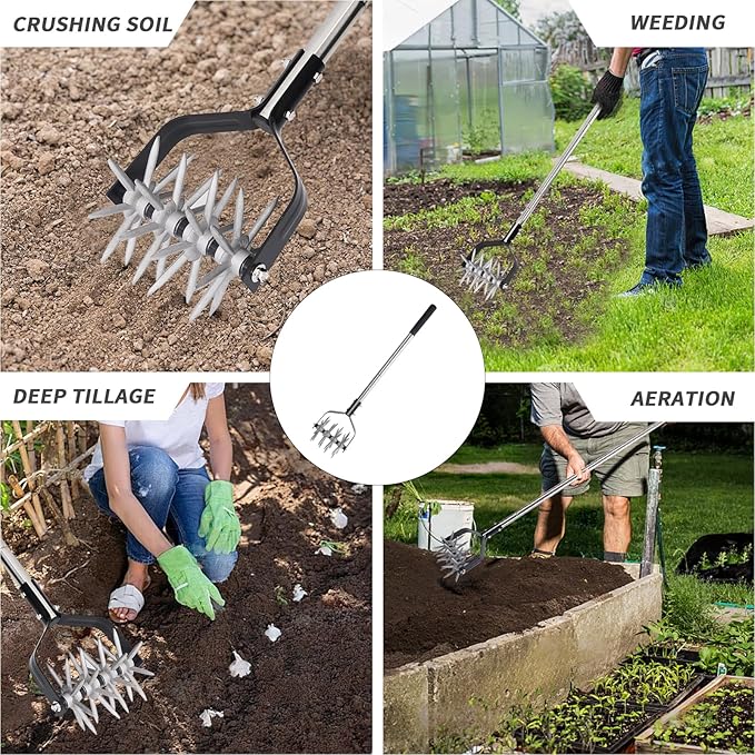 Rotary Cultivator Garden Tool, Adjustable Hand Tiller, Long Handle Cultivator for Aerating, Planting and Mixing Soil or Reseeding Grass