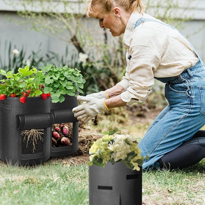 LITLANDSTAR 6 Pack 5 Gallon Potato Grow Bags, Heavy Duty Nonwoven Fabric Garden Planting Bag Plant Container with Flap and Handles, Aeration Fabric Pots for Growing Vegetable, Fruits and Flowers