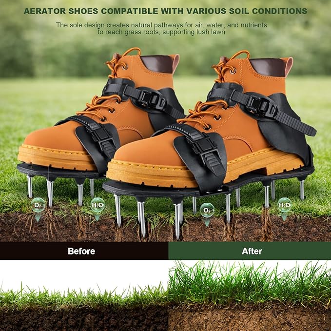 Aeration Shoes for Lawn, Lawn Aerator Shoes for Grass, Stainless Steel Spikes Aerator Lawn Shoes with Adjustable Straps for Patio/Yard/Garden for Easy Yard Aeration (Black)