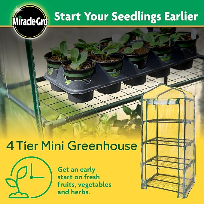 Miracle-Gro 23" x 17" x 57" 4-Tier Indoor/Outdoor Mini Greenhouse Plant Tent, All-Season Compact Plant Growth Accelerator with PVC Cover and Roll-Up Zipper Door, Clear