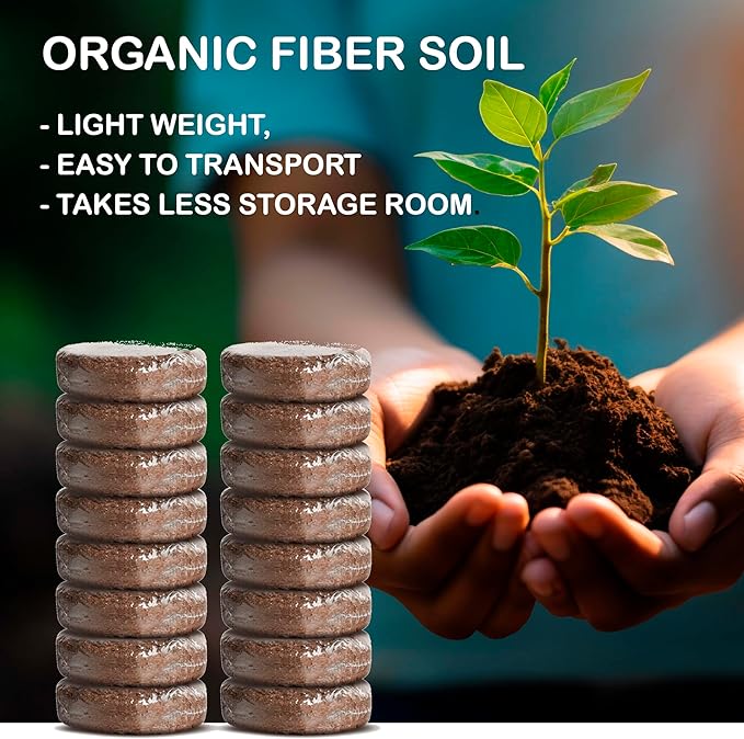 16 Pack Expanding Organic Fiber Soil, Amazing Potting Soil for Indoor Plants & Herbs. Soil Discs Made from Coco Coir. Expands to Fit 3” and 4” Pots.