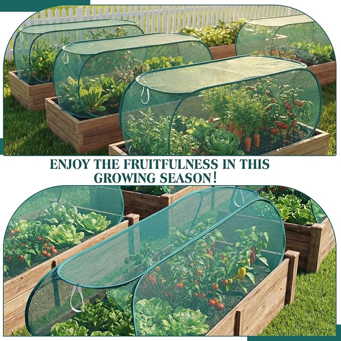 4 Pcs 35'' x 14'' x 16'' Pop up Garden Mesh Plant Cover Outdoor Plant Protector Garden Row Raised Bed Cover with Ground Nails Crop Cage Net for Seedlings Vegetable Fruit Herbs (Dark Green)