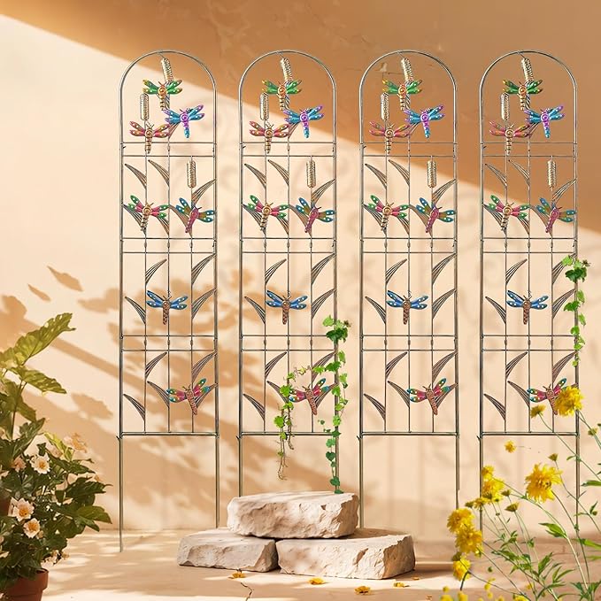 aboxoo Set of 4 Packs Dragonfly Metal Garden Trellis for Climbing Plants,Outdoor Decorative Flowers Arch Fence Trellis for Outdoor Patio,Garden,Lawn,Yard,Backyard,Wall Brackets,60'' H x 11'' W