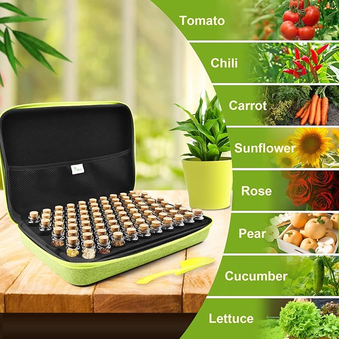 【80 Slots】 Seed Storage Organizer, Sturdy Organizer Box with Dual Zipper Bag and 84Pcs Label Stickers, Glass Seed Storage Container for Flower Vegetable Plants Garden Seeds Saving, Green