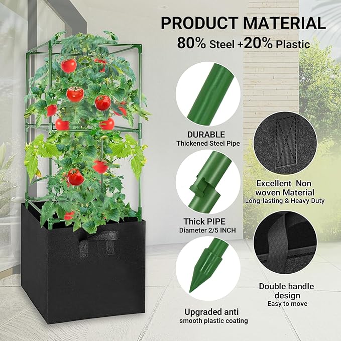 2 Pack Tomato Cages with 17 Gallon Grow Bags, 47” Heavy Duty Square Tomato Plant Stakes Support Cages Trellis for Garden Climbing Vegetables Flowers Fruits (47IN Tall, Extra-Bold)