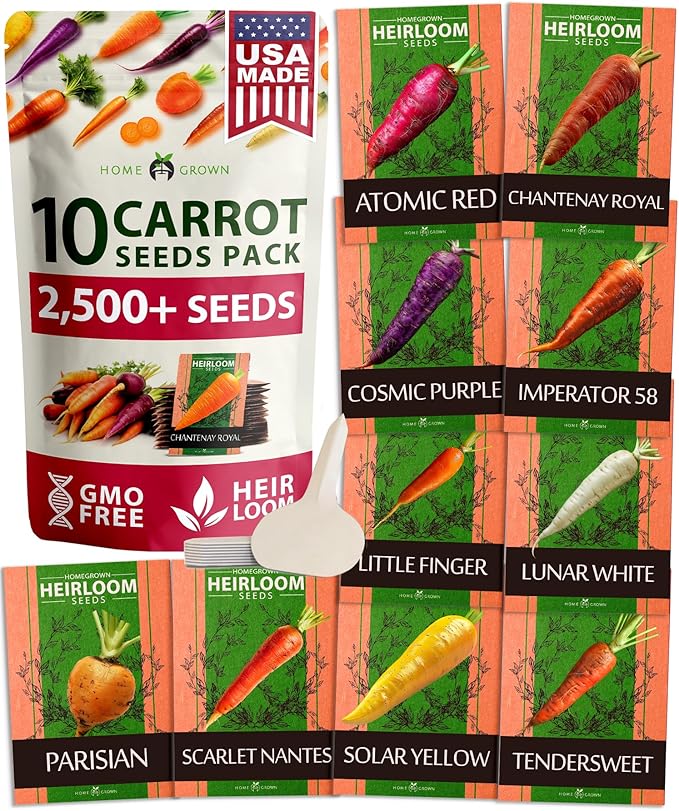 HOME GROWN Rainbow Carrot Seeds 2500+ Heirloom Seeds (10 Varieties) – High Germination, Vegetable Seeds for Planting Indoors or Outdoor Home Garden