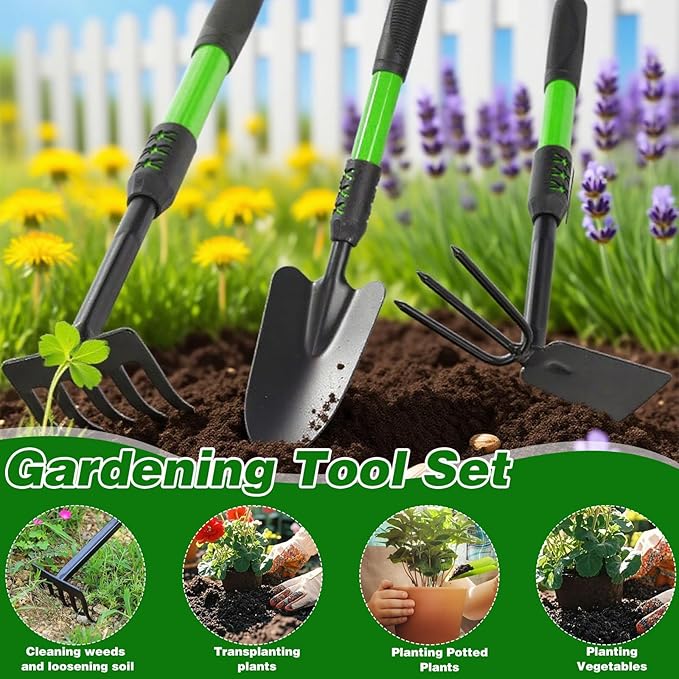 Garden Tool Set, 3 Pack Gardening Tools, Stainless Steel Heavy Duty Hand Cultivator, Hoes, Shovel, for Planting Weeding Digging, Gardening Gifts for Women, Green