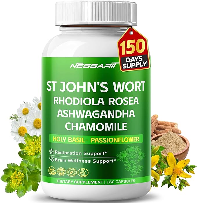 ST John's Wort 14-in-1 Natural Blend with Rhodiola Ashwagandha Chamomile Holy Basil L-Theanine Valerian Passionflower - 150 Count