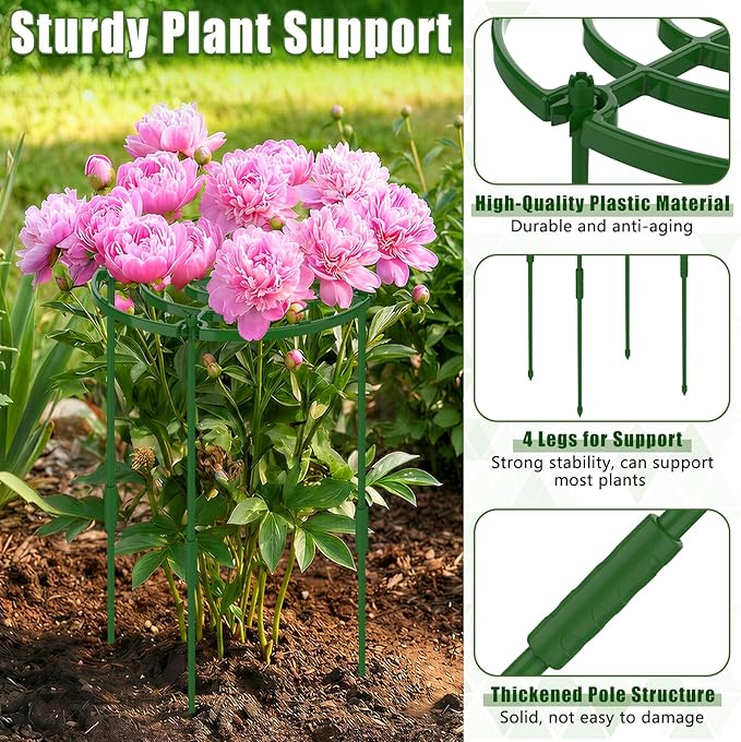 4 Pack Peony Cages and Supports, 11.8" D x 25" H Plant Supports for Outdoor Plants, Peony Support Cage Flower Support Rings, Plant Support Ring for Rose Tomato Hydrangea Strawberry