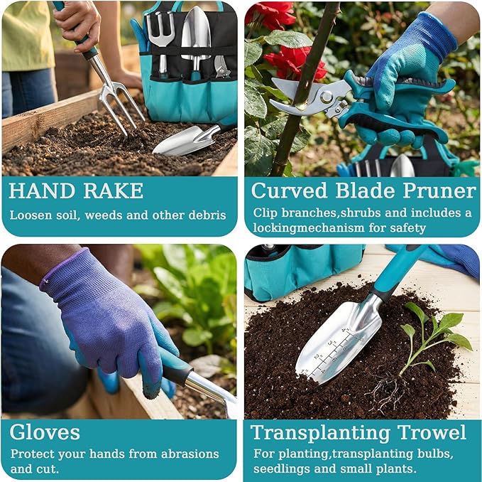 10-Piece Garden Tool Set - Heavy Duty Lightweight Aluminum Alloy Gardening Tools with Storage Tote Bag, Rust-Proof Gardening Hand Tools & Non-Slip Ergonomic Grip, Ideal Gardening Gifts for Women