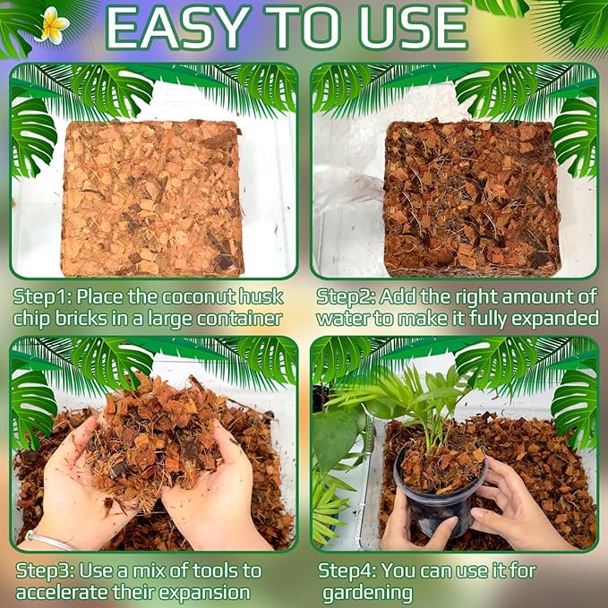 Halatool 10LBS Coco Husk Chips for Plants, Organic Coconut Mulch for Maintaining Moisture and Air & Absorb Water, Compressed Coco Soil Mix for Houseplant, Garden, Landscaping, Reptile Substrate