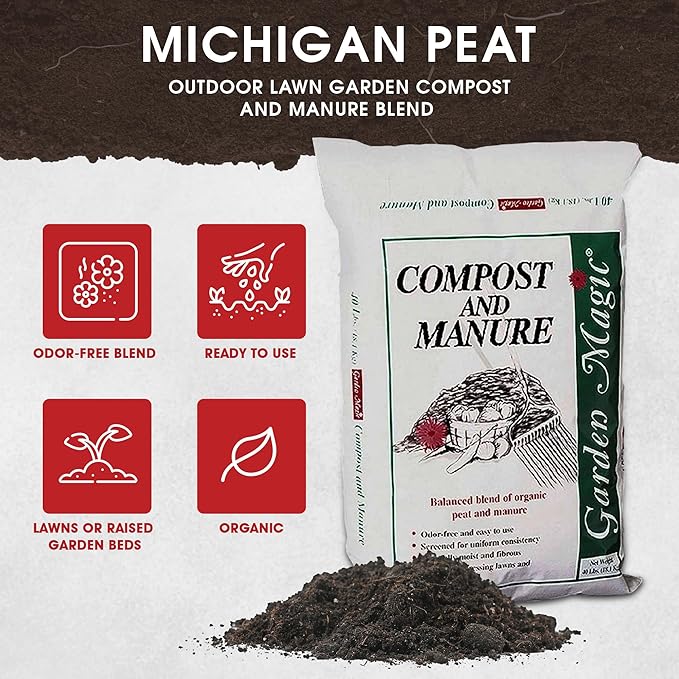 Michigan Peat Compost and Manure Blend, Garden Magic Mix with Odor-Free Blend, 40 Lbs - Outdoor Lawn and Gardening Mixture with Nutrients and Minerals for Soil Potting and Planting