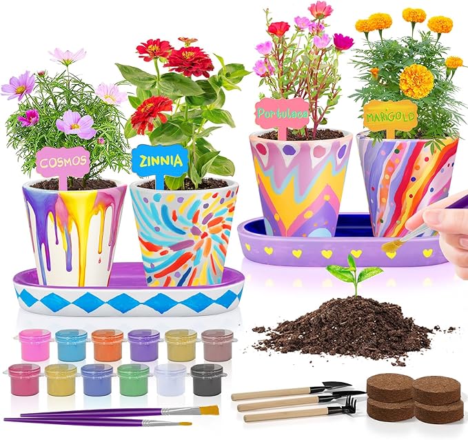 Tekoly 4 Set Paint & Plant Flower Gardening Kit - Gifts for Girls Ages 8-12, Arts and Crafts for Kids Ages 8-12, Kids Gardening Set, Toys Birthday for Girls Boys Ages 6 7 8 9 10 11 12