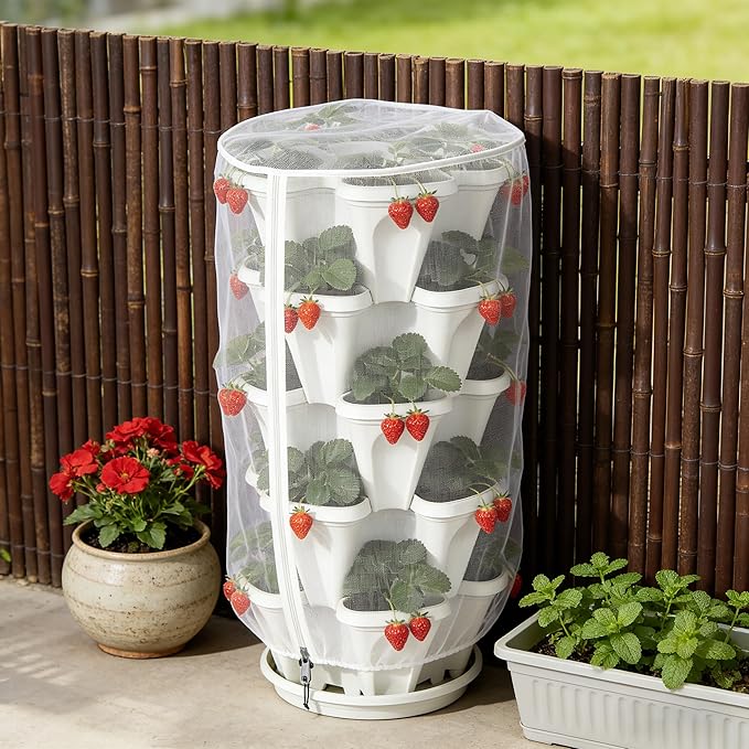 2 Pcs Vertical Plant Pot Insect Netting with Zipper, 39"x20" Stackable Planter Garden Net Cover, 3 to 5 Tier Planter Pot Insect Bird Barrier Protection Mesh for Strawberry Herb Flower Fruit Vegetable