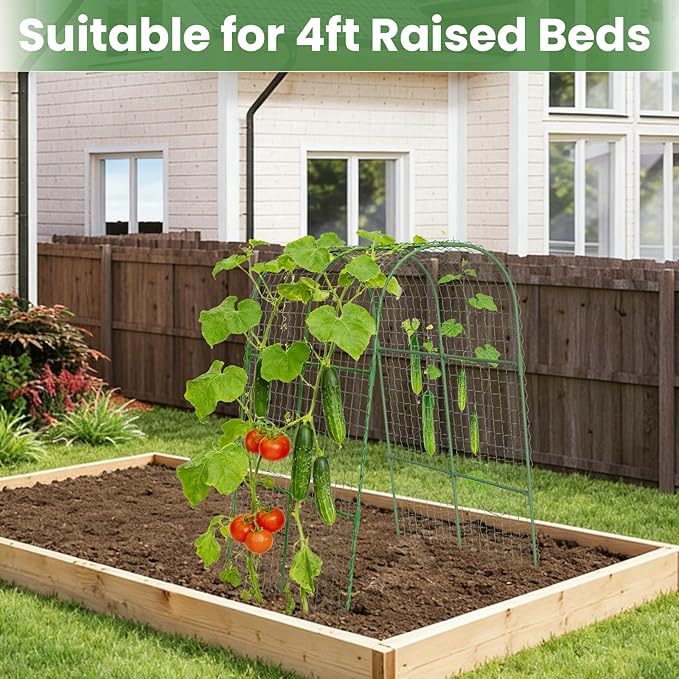 Cucumber Trellis, Metal Garden Arch Trellis for Raised Bed, 32 x 48inch U-Shape Garden Trellis for Climbing Plants Outdoor, Vegetables Fruit Plant Support with Netting, Gardening Supplies (Green)