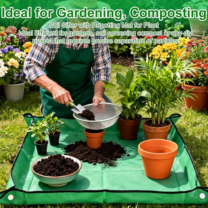 3PACK Soil Sand Compost Sifter for Gardening - Soil Compost Rock Sifter with Repotting Mat Fits 5-Gallon Buckets 1/4 Inch & 1/8 Inch & 3/8 Inch Mesh Sieve for Gravel, Dirt, Sawdust