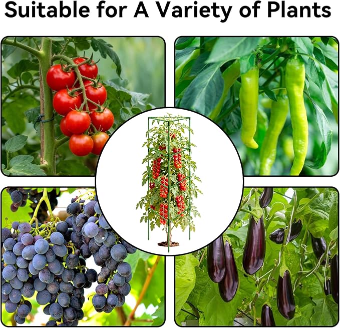 Halatool 57 Inch Tall Tomato Cages, 4 Pack Heavy Duty Metal Plant Supports Stakes for Garden, Adjustable Foldable Steel Trellis for Climbing Plants Cucumbers Peppers Cherry Flowers Vegetables Fruits