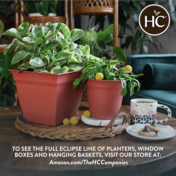 The HC Companies Eclipse Round Planter with Saucer - Outdoor & Indoor Plant Pot with Drainage Holes - Lightweight, UV-Resistant Plastic Pots for Plants, Flowers & Herbs (8" Cottage Stone, Pack of 1)