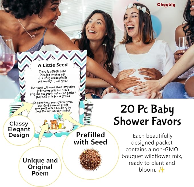 CHOOBLY | Boy Baby Shower Favors for Guests | 20 Wildflower Seeds Packets | Pre-Filled | Bouquet Seed Mix | Non-GMO Seeds | Seed Pack Party Favors | Oh Baby | Gifts (Boy)