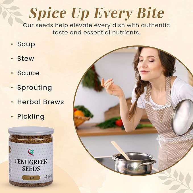 Fenugreek Seeds 14oz, 100% Pure & Natural Methi Seeds, Premium Quality, fenogreco en semillas, For Cooking, Herbal Uses and Overall Wellness - By Yogi’s Gift®