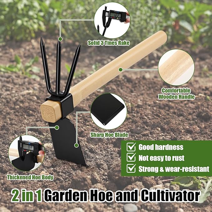 2 Pcs Garden Tool Set - Heavy Duty Pruning Shears & 2-in-1 Hoe Cultivator for Weeding, Digging & Trimming, 5/8-inch Cut Capacity Clippers Gardening Hand Tools for Home and Raised Bed