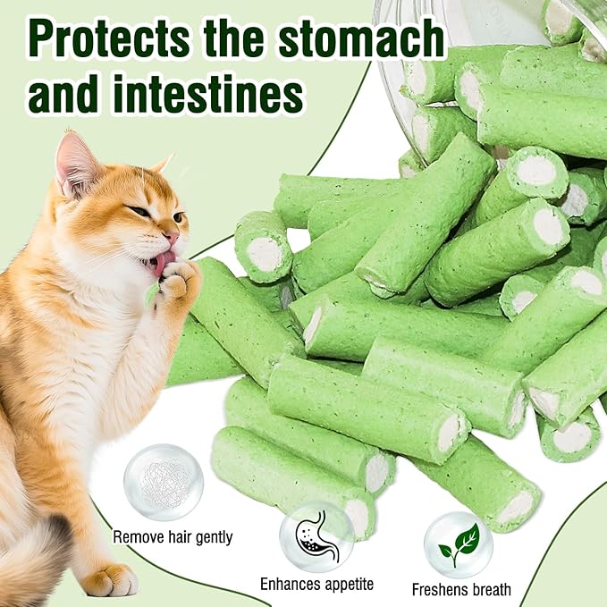 Havenfly Cat Grass Teething Sticks, 3.52oz Edible Natural Dried Cat Grass Treats with Chicken, Cats Snack for Hairball Removal and Dental Care