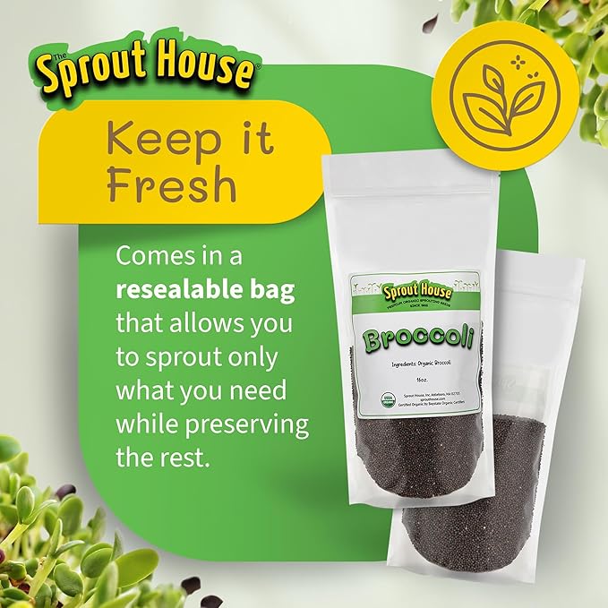 The Sprout House Broccoli Sprouting and Microgreen Seeds - Premium Organic Broccoli Sprouts, Non-GMO, High-Germination, Easy to Grow, Resealable Bag, Sulforaphane Rich Superfood,16oz