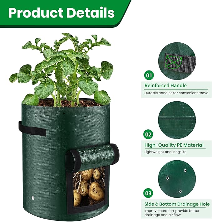 BIJOKETTEN 6-Pack 10 Gallon Grow Bags, 120g Plant Pots with Handles and Flap, Lightweight PE Growing Bag for Vegetable Tomato Potato Flowers Mushroom Planting, Indoor/Outdoor Grow Pots