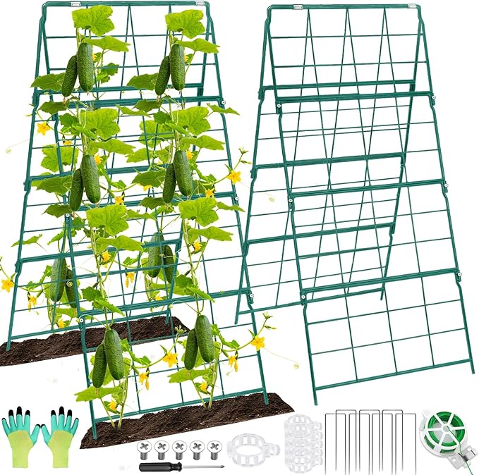 Cucumber Trellis for Raised Bed A Frame Metal Garden Trellis for Climbing Plants Outdoor, 42 x 16IN Foldable Coated Steel Cucumbers Trelli, Easy to Install Cucumber Trellis for Vegetable Fruit (1PACK)