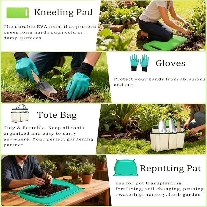 10-Piece Heavy-Duty Gardening Tools Set with Tote Bag - Rust-Proof Aluminum Gardening Hand Tools with Non-Slip Ergonomic Wood Handle - Gardening Supplies Set Ideal Gift for Men & Women